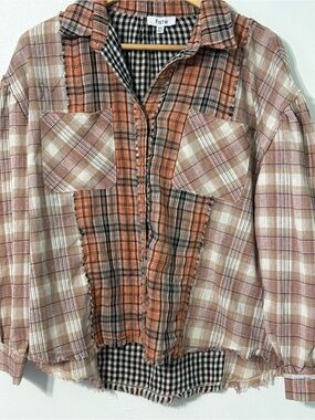 Fate Mixed Plaid Button-Up Shirt in Orange, Black, White